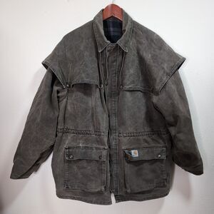 Vintage Carhartt Canvas Chore Coat Plaid Lined Brown Workwear Duster Jacket 90s